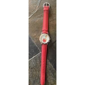 Christmas Theme Dial Silver Red Genuine Leather Band Watch Working New Battery